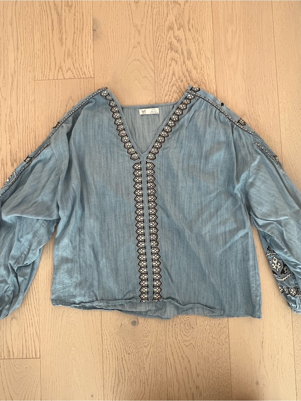 Zara Sky Blue Embroidered V-Neck Peasant Blouse